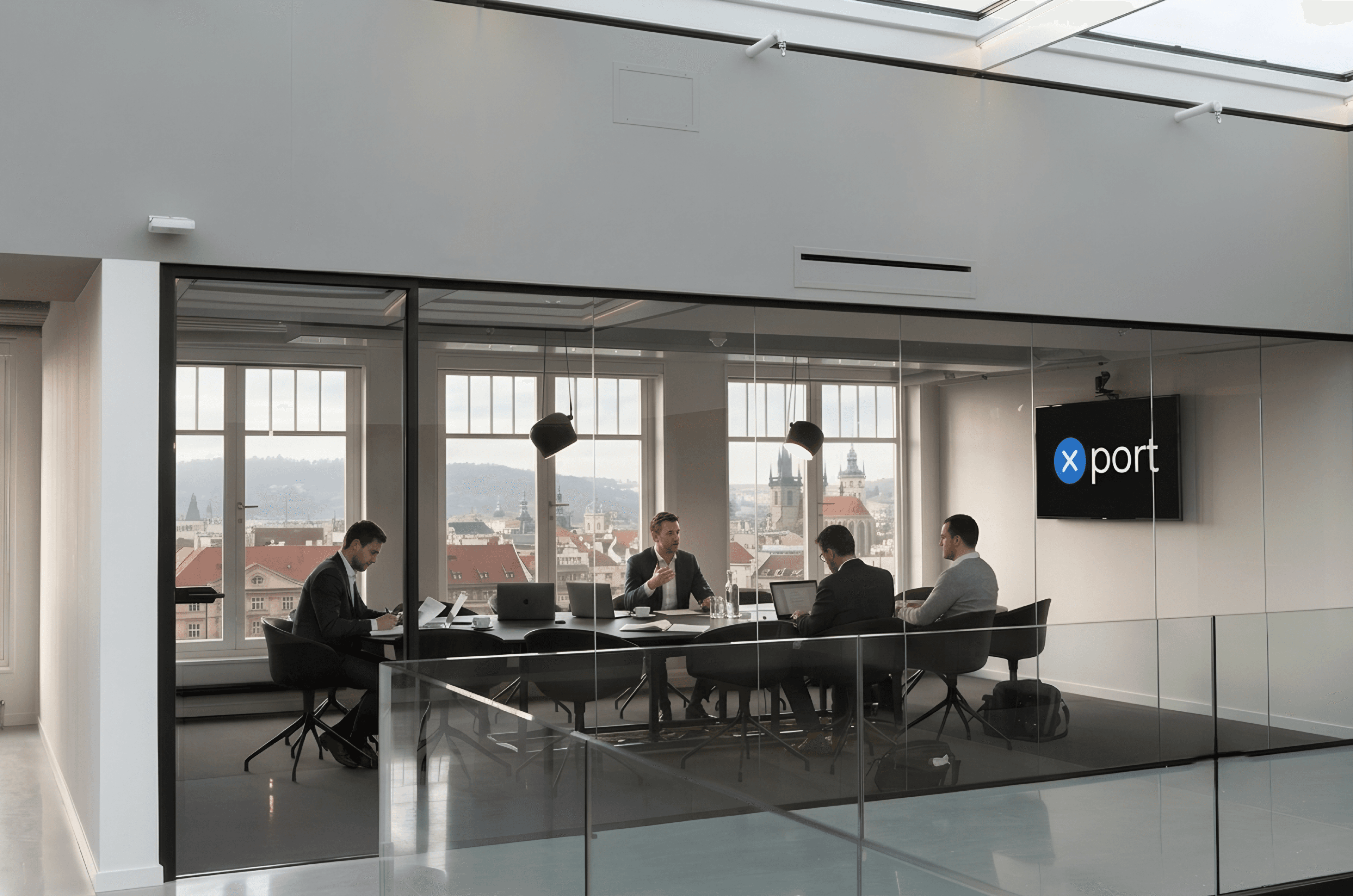 Réunion de travail dans une salle de conférence vitrée surplombant les toits de Prague, l'écran affichant le logo xport.